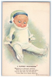 c1910's Little Kid Ice Skating A Slippery Preposition Advertising Postcard