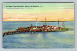 Charleston SC-South Carolina, Fort Sumter Built 1828 Harbor Pier, Linen Postcard