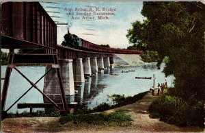 Ann Arbor MI Railroad Bridge and Sunday Excursion c1916 Vintage Postcard I56 