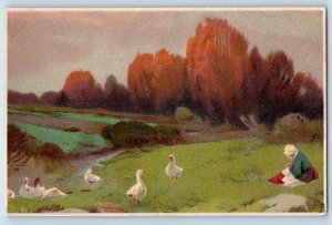 Postcard Scene of Duck and Woman in Grasses c1920's Antique Tuck Art