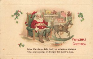 Embossed Santa Claus Reads Naughty or Nice List Christmas Postcard Rocking Horse