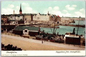 Stockholm Skeppsbron Fran Stadsgarden Sweden Harbor Scene Postcard