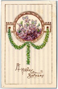 A Happy Birthday, purple flowers, Samson Brothers Series 7182 postcard