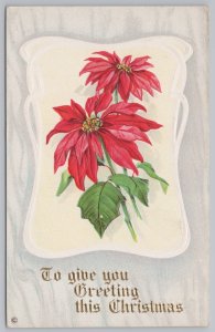 Christmas~Gold Calligraphy~Poinsettias~White/Gray Bk~Emboss~Stecher 212C~1913 PC