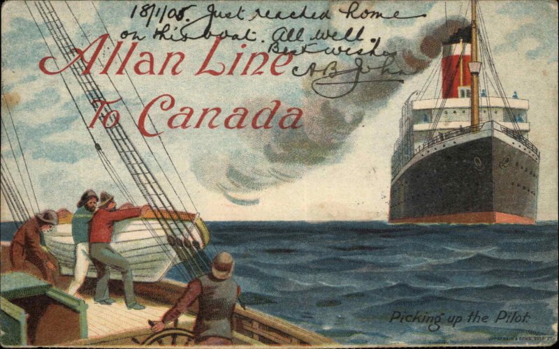 Allan Line Picking up the Pilot Steamer Steamship Liverpool 1906 Cancel Postcard