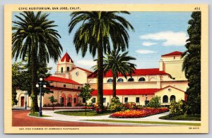 San Jose California~Panorama Civic Auditorium~Vintage Linen Postcard