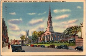 Massachsetts Worcester Main Street Unitarian & Wesley Church 1941