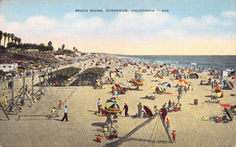 OCEANSIDE CALIFORNIA BEACH SCENE~HOPKINS NEWS POSTCARD 1940s