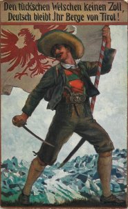 Anti-Italian propaganda postcard mountains of Tyrol patriotic guard & flag 1915