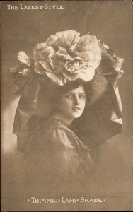 Vintage Fashion Woman in Giant Hat Trimmed Lampshade Humor c1910 PC