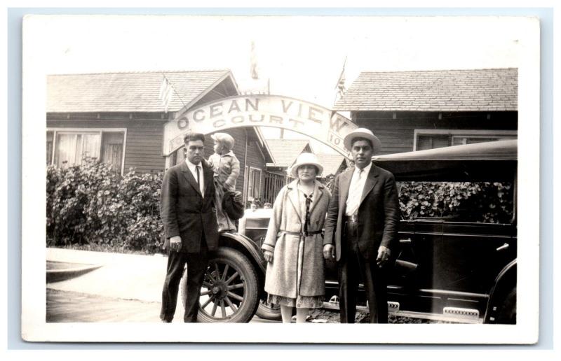 Postcard Ocean View Court, CA Family Portrait Vintage Car RPPC H11