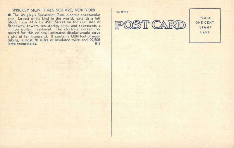 WRIGLEY'S GUM SIGN Times Square New York City Neon Fish Night Vintage Postcard