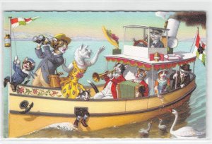 Cats Boat Band Mainzer Belgium #4911 Vintage Fantasy Anthropomorphic Postcard