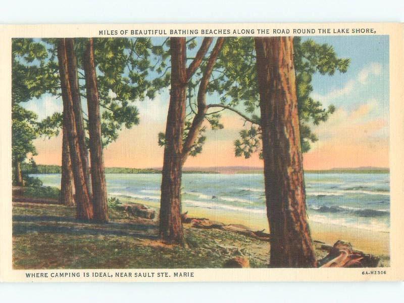 Unused Linen BEACH SCENE Sault Ste. Marie Michigan MI d7228