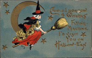 Halloween Witch on Broom Moon & Stars HBG Griggs Postcard c1910