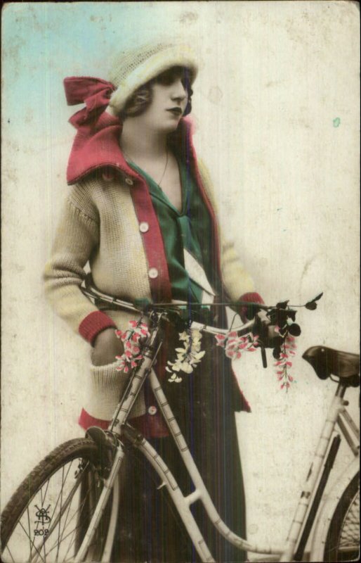 Beautiful Woman Hat Jacket Bicycle c1910 Tinted Real Photo Postcard