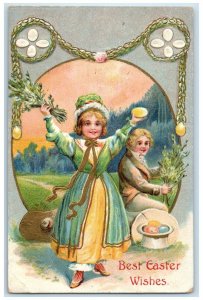 c1910's Easter Girl Pipe Berry And Eggs Embossed Slingerlands NY Postcard