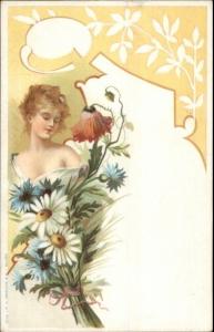 Art Nouveau - Beautiful Woman & Flowers c1905 Postcard rpx EXC COND