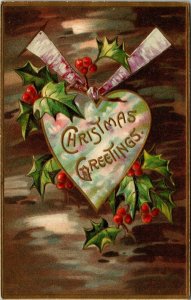 Vintage 1909 Christmas Greetings Holly Leaves Heart, Merry Christmas Postcard