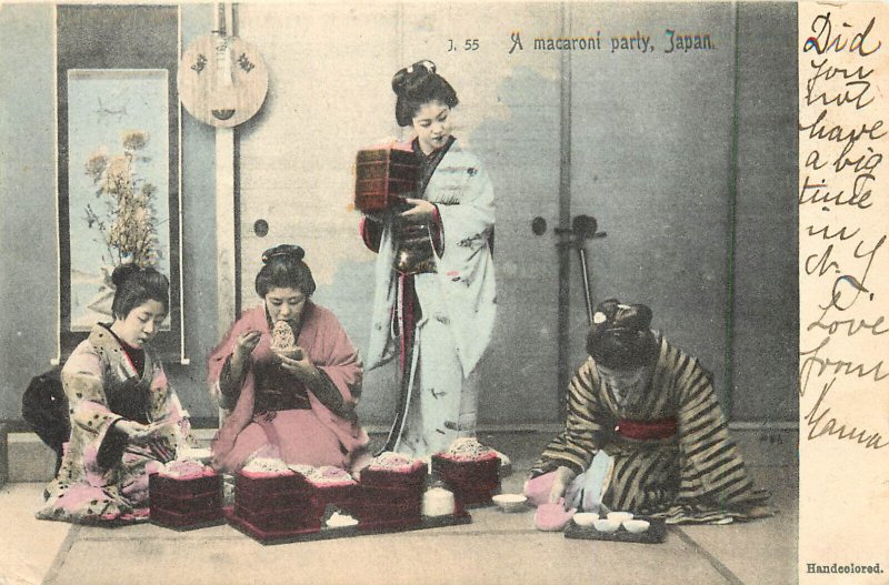Hand Colored Postcard Japanese Women Eating Ramen A Macaroni Party