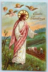 Easter Postcard Greetings Jesus Christ Angels Farming Embossed Gander MD c1910's