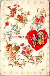 Be My Valentine Cupid With Gold Heart and Victorian Couple