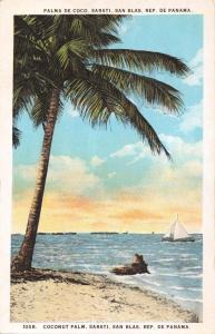 SAN BLAS PANAMA~PALMA de COCO-SARATI~COCONUT PALM-OCEAN-SAIL BOAT POSTCARD 1920s