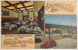 STONE'S RESTAURANT Marshalltown, Iowa 1940s Cars 1948 Linen Vintage Postcard