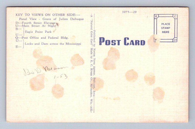 GREETINGS FROM DUBUQUE IOWA LARGE LETTER POSTCARD (c.1950s)