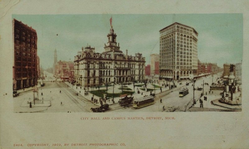 C.1910 City Hall and Campus Martius, Detroit, Mich. Vintage Postcard P52
