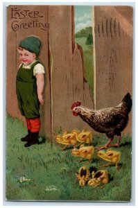 c1910's Easter Greetings Boy Hiding Chicken Hen Chicks Embossed Antique Postcard