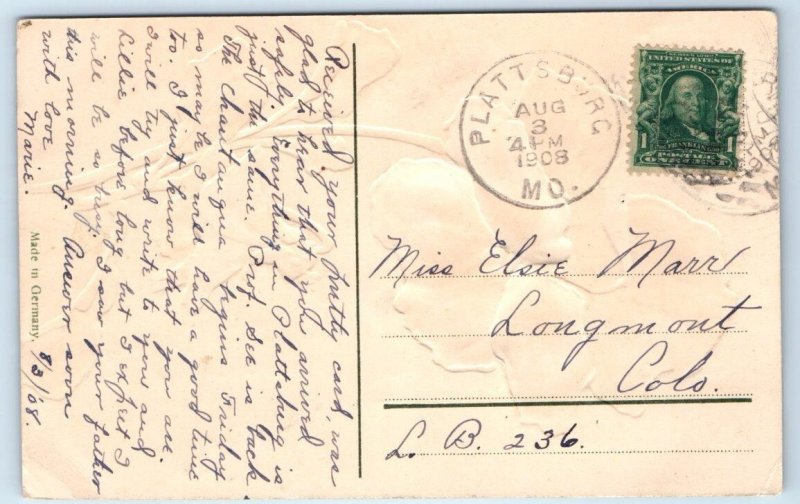 Good Luck From PLATTSBURG, MO Missouri ~  1908 Clinton County Embossed Postcard