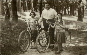 Obese Father - Daughters Girls w/ Bicycles CRISP VIEW Real Photo Postcard