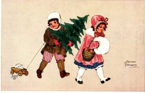 Merry Christmas Hannes Petersen Boy And Girl Christmas Tree Postcard 08.83