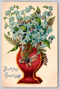 Flowers~Blue Forget-Me-Nots In Red Vase~Butterfly~Emboss~c1910 Vintage Postcard