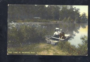 EVANSVILLE INDIANA THE LAKE AT MESKERS PARK LOVERS BOAT VINTAGE POSTCARD