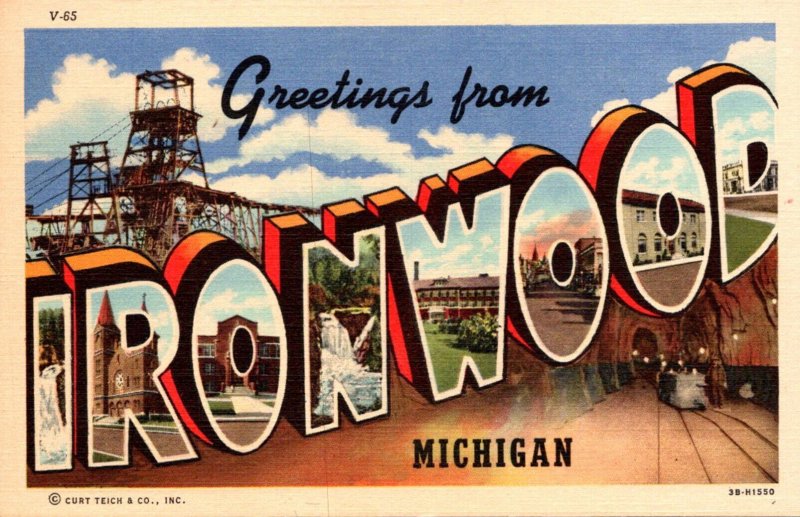Michigan Greetings From Ironwood Large Letter Linen Curteich