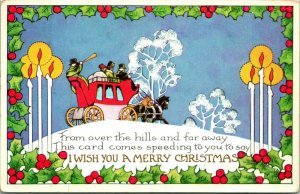 Vtg Postcard Whitney Made Wish You merry Christmas Stagecoach Holly Border UDB