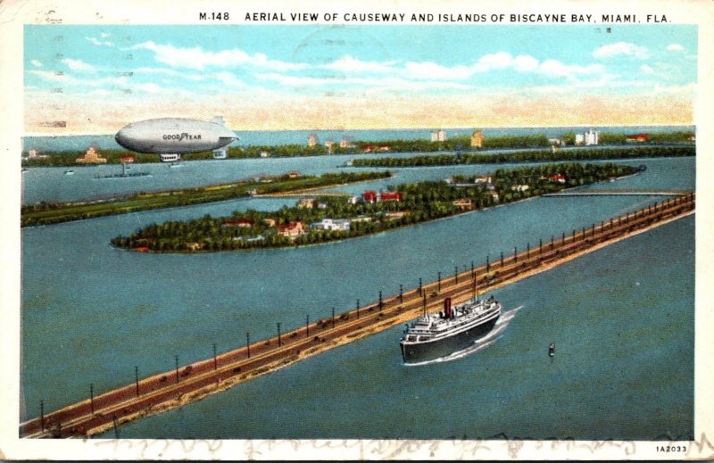 Florida Miami Aerial VIew Of Causeway and Islands Of Biscayne Bay 1933 Curteich