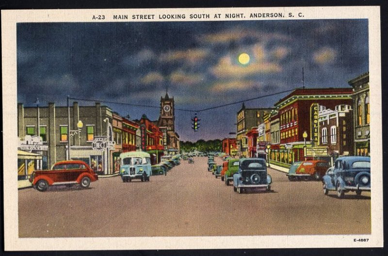 South Carolina ANDERSON Main Street looking South at Night with cars bus LINEN