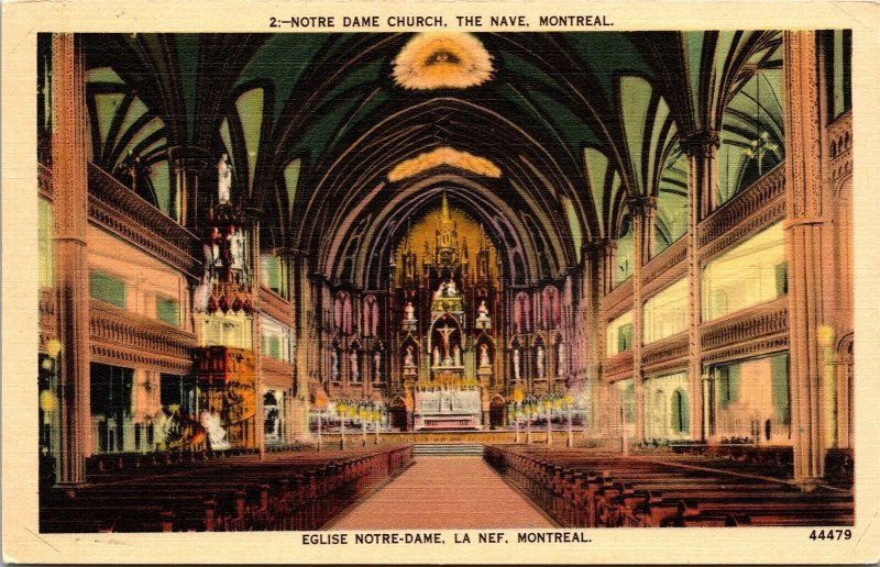 Interior Notre Dame Church Nave Montreal Canada Linen Postcard VTG UNP Vintage 