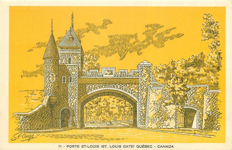 Postcard Canada porte st louis gate quebec yellow architecture drawing towers