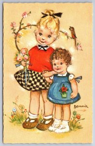 Artist Bonnie~Sisters Hold Hands~Rose Branch~Bird~#554 Mainzer~1950s Belgium