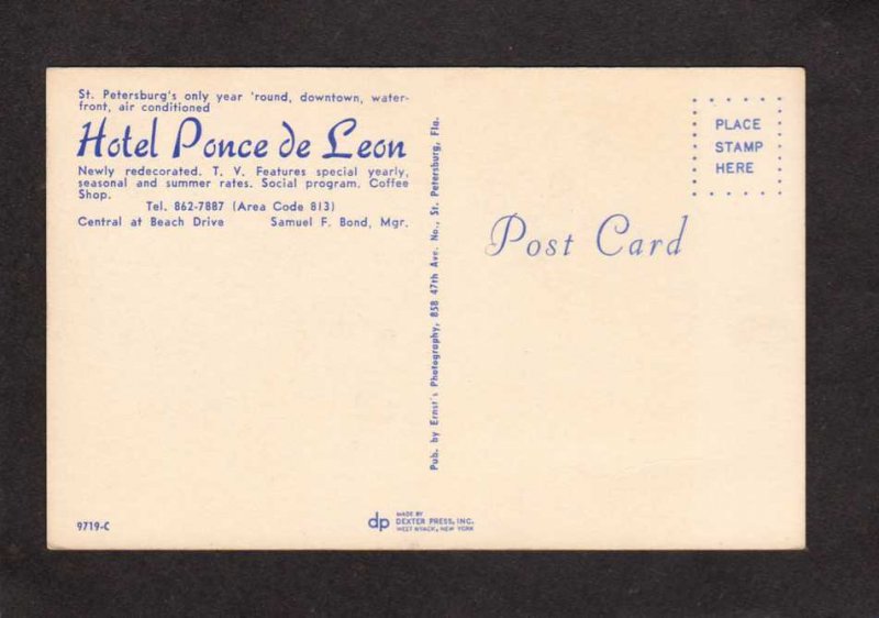 FL Hotel Ponce de Leon St Petersburg Florida Postcard Samuel F Bond