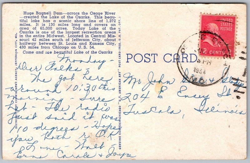 Vtg Missouri MO Bagnell Dam Lake of the Ozarks 1950s View Old Linen Postcard