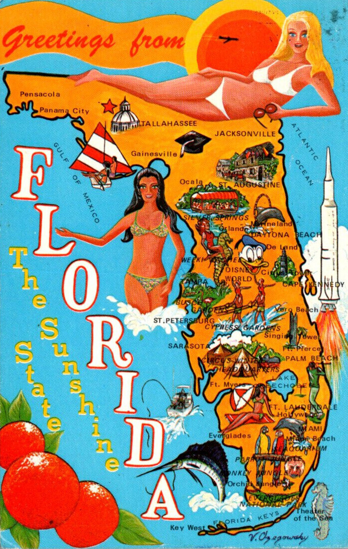 Florida Greetings With Map With Attractions And Bikini Clad Girls 1981 United States Florida