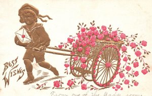 Vintage Postcard Best Wishes Embossed Flower Cart Girl Letter Glittered Card