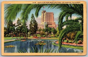 Vtg Los Angeles California CA Elks Club From West Lake Park 1930s Postcard