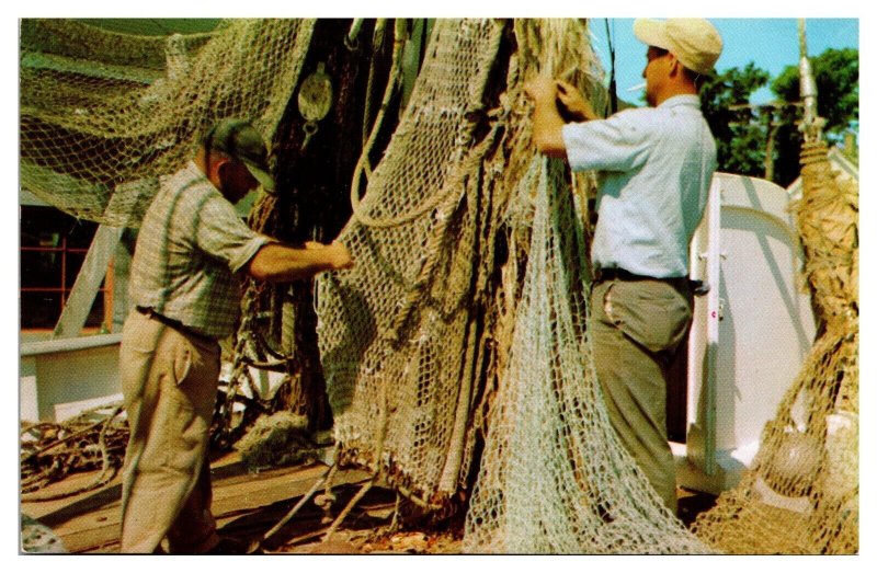 Vintage Fishermen Mending Their Nets, Cape Cod, MA Postcard