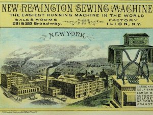 1870's-80's Scarce New Remington Sewing Machine New York Factory Scene Card F77